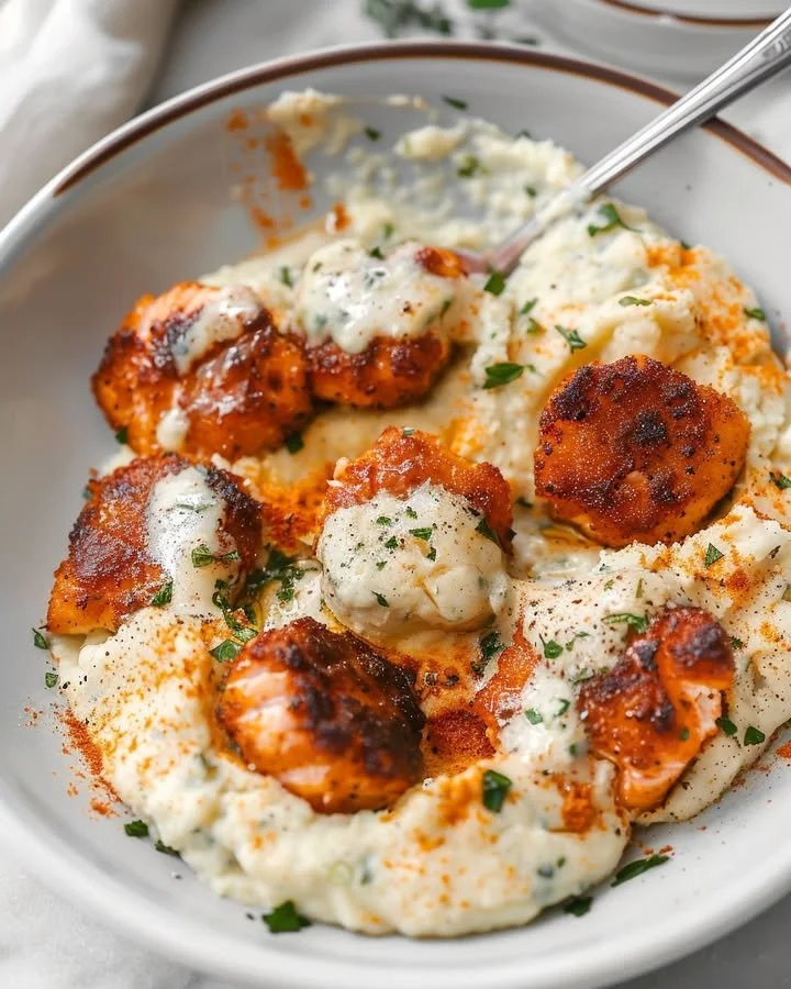 Crispy Cajun Salmon Nuggets on a bed of garlic cream mash