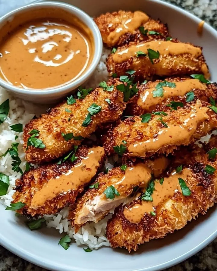 A plate of Crispy Coconut Chicken garnished with fresh herbs and served with a dipping sauce.