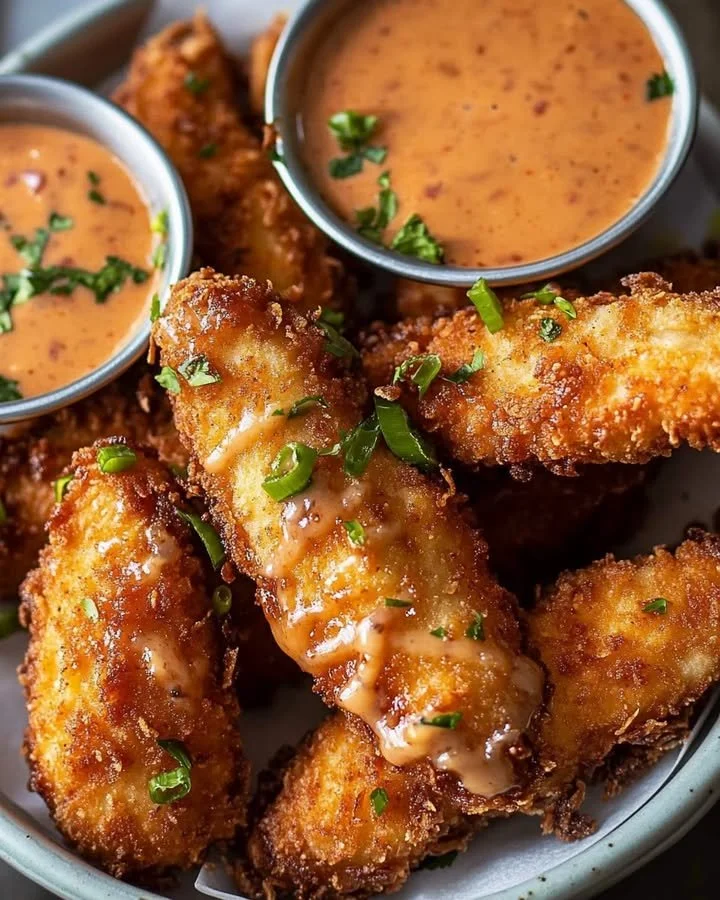 Plate of Crispy Coconut Chicken served with flavorful Bang Bang Sauce
