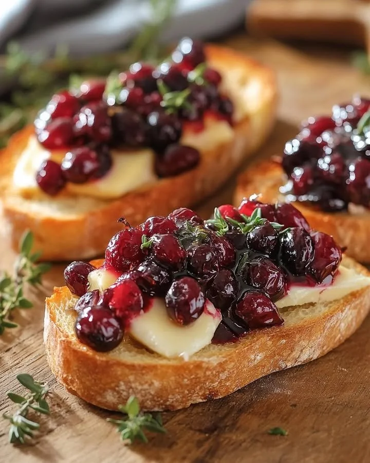 Crispy crostini topped with balsamic roasted cranberries and creamy brie