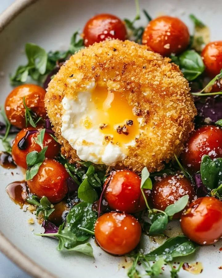 Crispy fried burrata served with balsamic marinated tomatoes.
