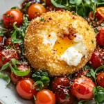 Crispy fried burrata topped with balsamic marinated tomatoes on a white plate.