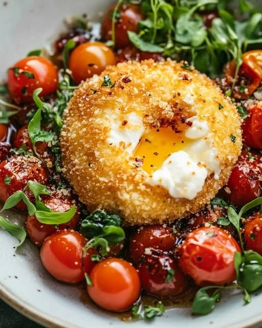 Crispy fried burrata topped with balsamic marinated tomatoes on a white plate.