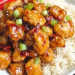 Crispy orange chicken garnished with sesame seeds and green onions