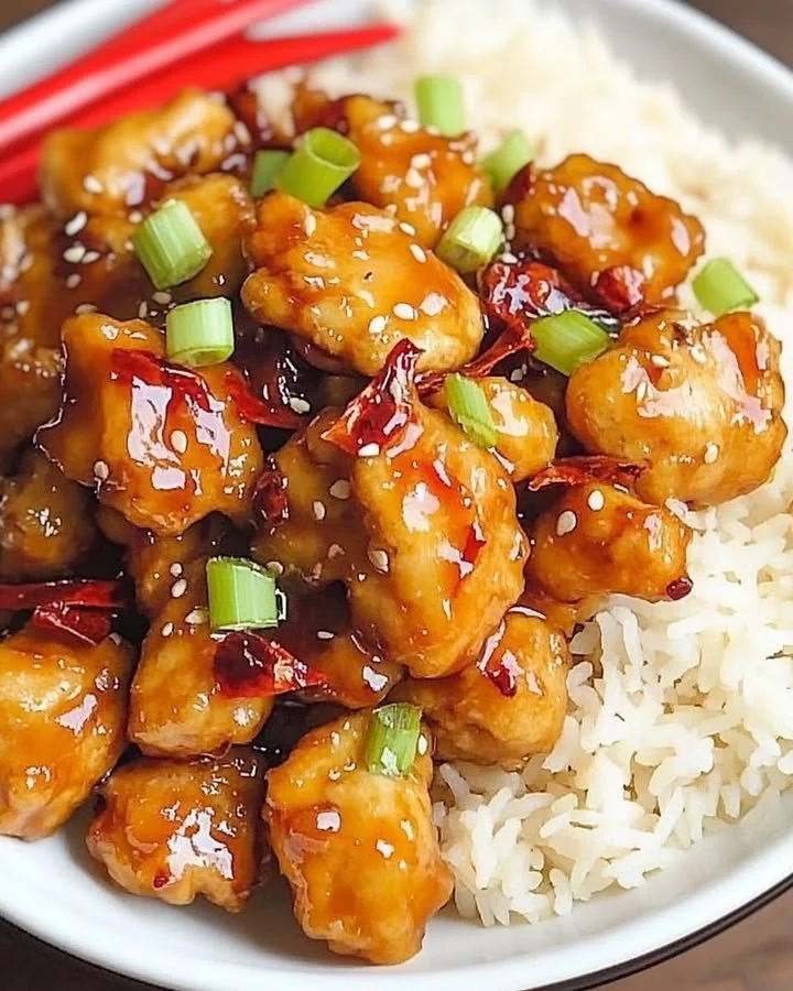 Crispy orange chicken garnished with sesame seeds and green onions