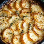 Crispy Parmesan and Gruyere Potato Gratin topped with golden cheese crust
