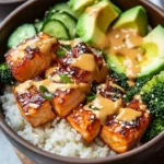Crispy salmon bowls with Bang Bang sauce served in a vibrant dish.