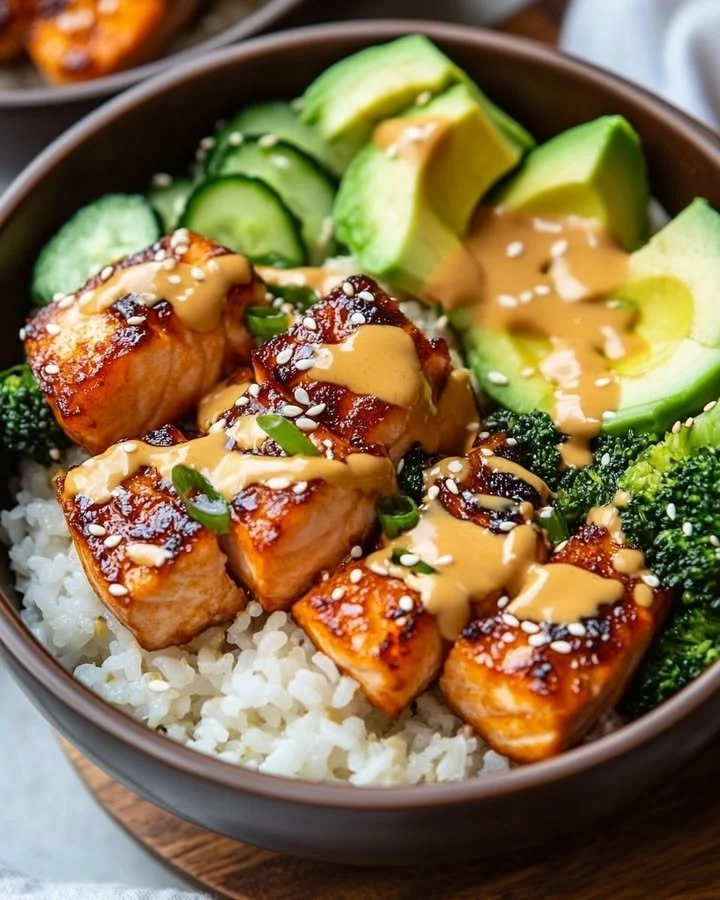 Crispy salmon bowls with Bang Bang sauce served in a vibrant dish.