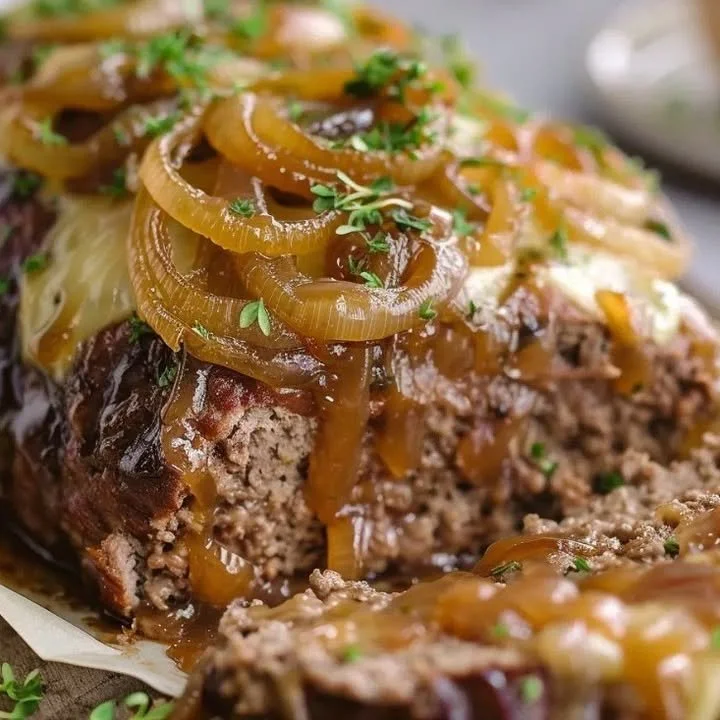 Delicious Crockpot French Onion Meatloaf garnished with onions and herbs