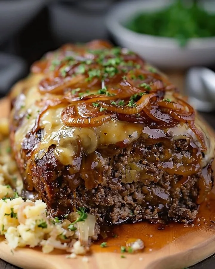 Crockpot French onion meatloaf topped with melted Swiss cheese, served on a plate.