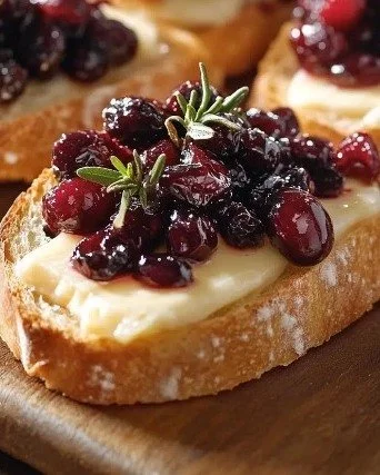Crostini topped with balsamic roasted cranberries and creamy brie cheese on a plate.