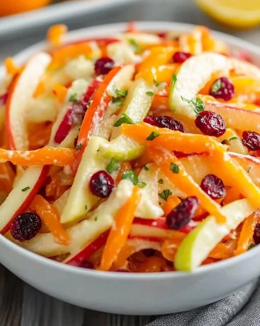 Crunchy apple carrot salad with creamy citrus dressing on a white plate