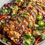 Crunchy Asian sesame chicken salad with fresh vegetables and sesame dressing