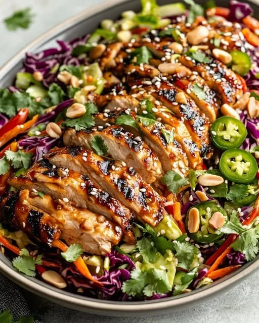 Crunchy Asian sesame chicken salad with fresh vegetables and sesame dressing