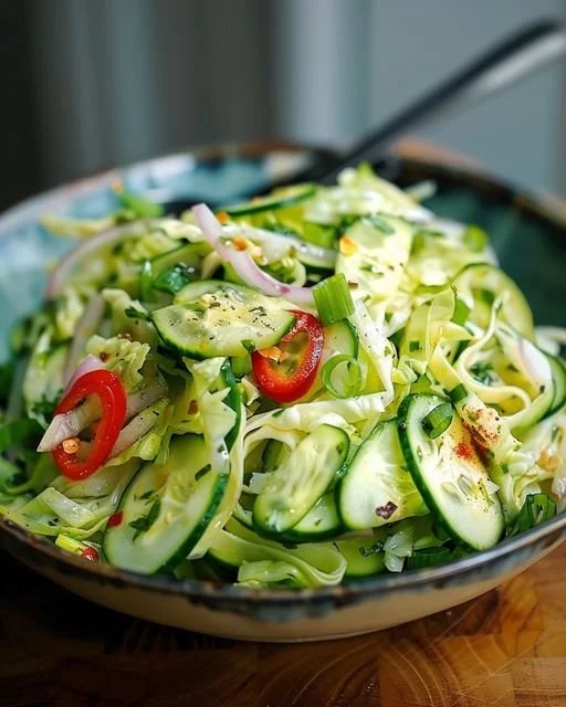 Cucumber and Chinese cabbage salad in a bowl, garnished with sesame seeds.