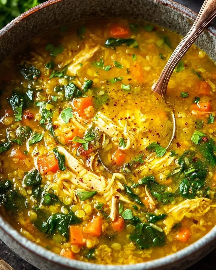 Bowl of curried chicken lentil and rice soup with fresh spinach