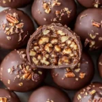 Decadent chocolate-dipped pecan pie balls on a serving platter.