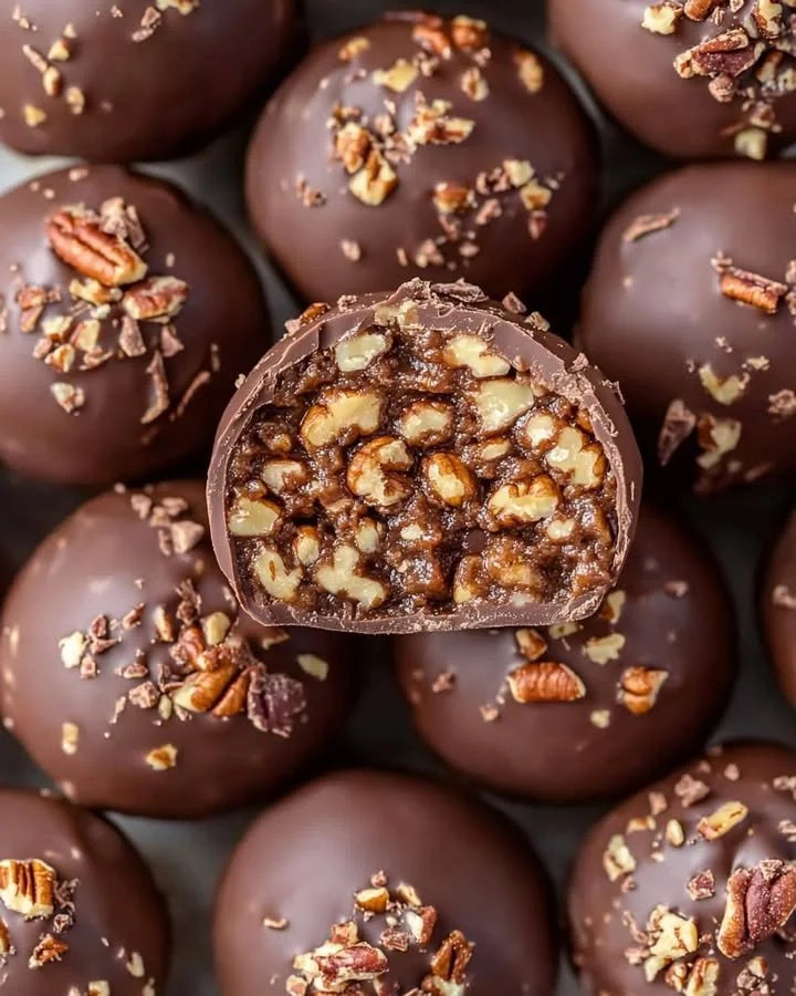 Decadent chocolate-dipped pecan pie balls on a serving platter.