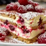 Delicious raspberry tiramisu served in a glass with fresh raspberries on top.