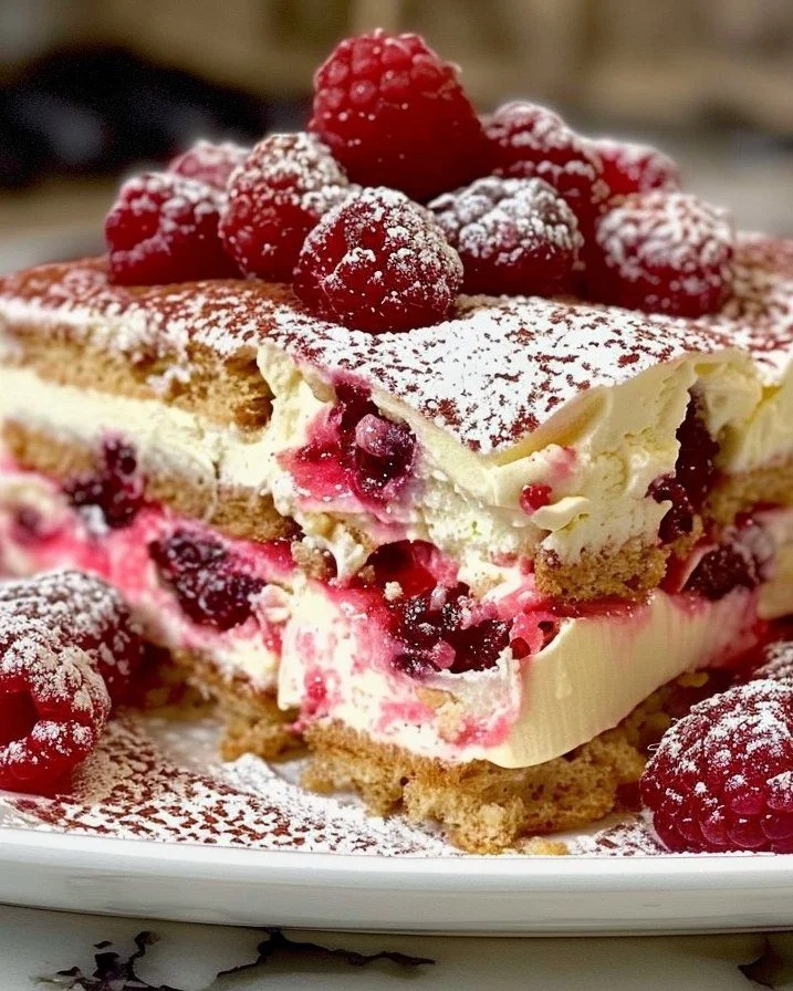 Delicious raspberry tiramisu served in a glass with fresh raspberries on top.