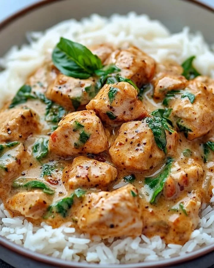 Delicious basil chicken cooked in coconut curry sauce served in a bowl
