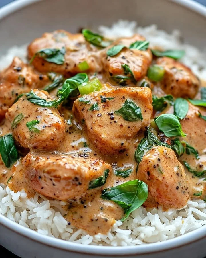 Delicious basil chicken cooked in coconut curry sauce served on a plate