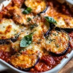 Delicious Eggplant Parmesan Bake with layers of eggplant, cheese, and marinara sauce