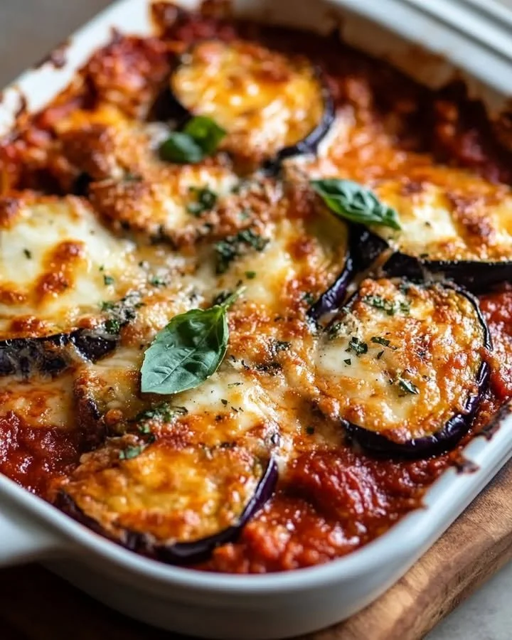 Delicious Eggplant Parmesan Bake with layers of eggplant, cheese, and marinara sauce