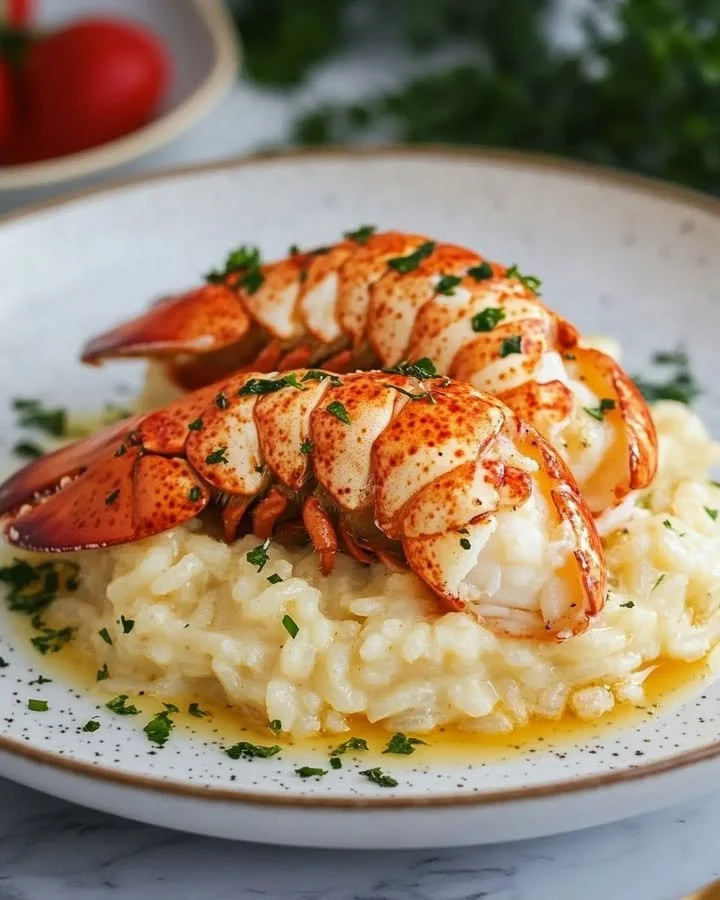 Delicious butter poached lobster tails served with creamy Parmesan risotto.