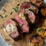 Elegant filet mignon with creamy peppercorn sauce served on a plate