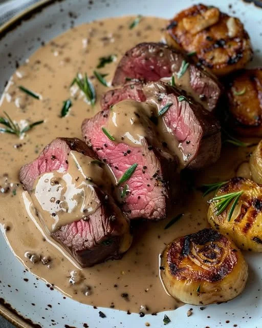 Elegant filet mignon with creamy peppercorn sauce served on a plate