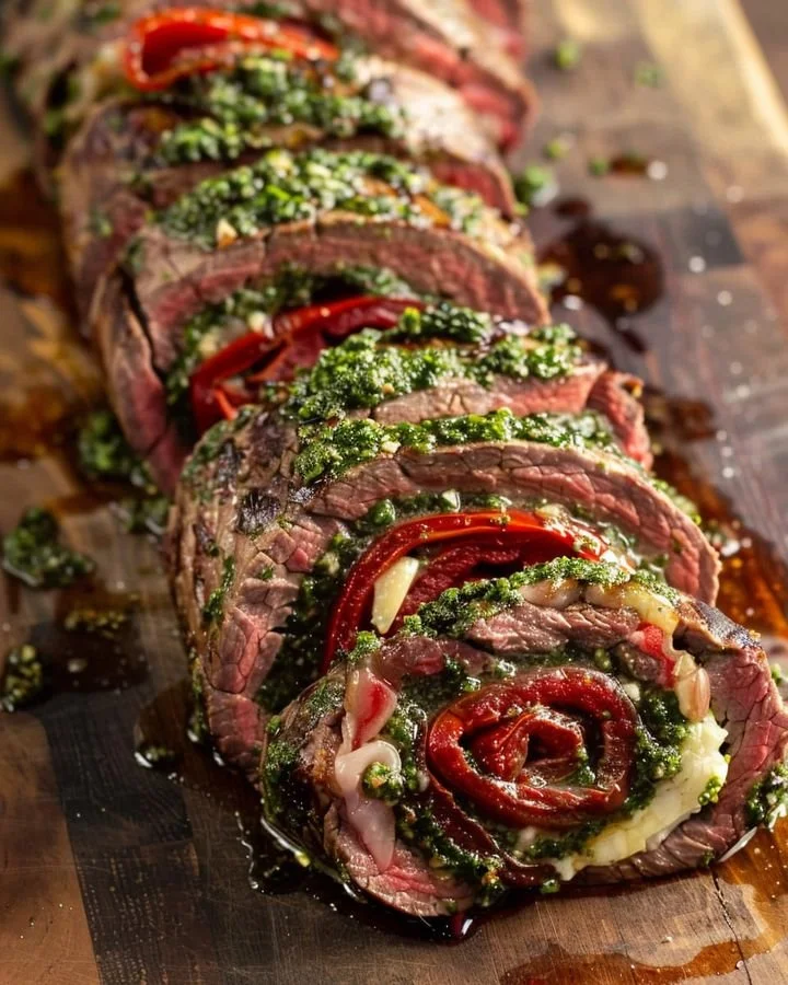 Elegant Italian rolled beef with walnut pesto on a serving platter.
