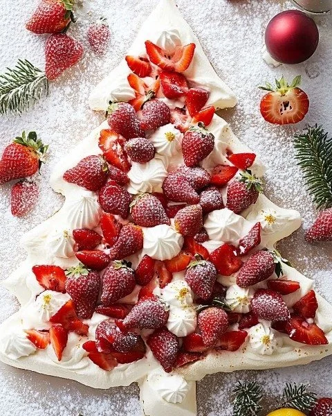 Elegant Pavlova Tree decorated with strawberries and passionfruit for a stunning dessert