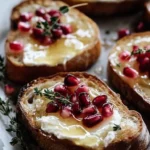 Elegant pomegranate brie crostini topped with honey and thyme on a serving platter.