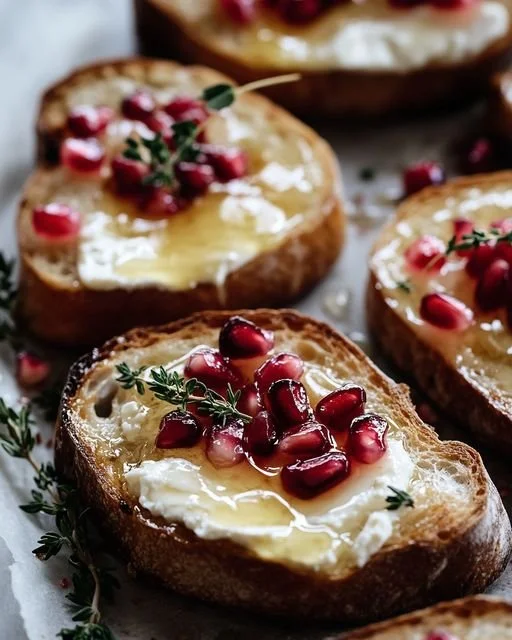 Elegant pomegranate brie crostini topped with honey and thyme on a serving platter.