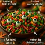 Eyeball Pasta Salad in a spooky Halloween-themed bowl