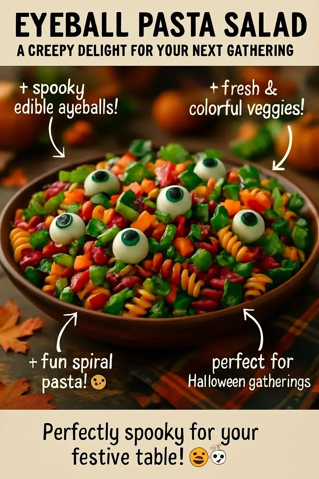Eyeball Pasta Salad in a spooky Halloween-themed bowl
