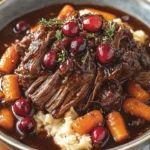 Succulent fall-apart balsamic beef drizzled with cranberry glaze on a plate.