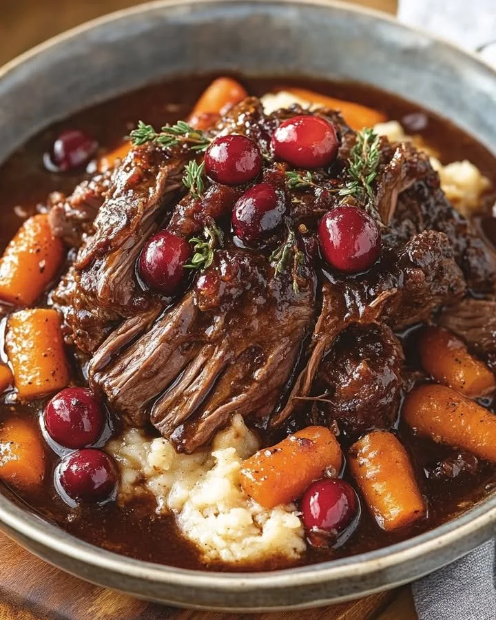Succulent fall-apart balsamic beef drizzled with cranberry glaze on a plate.