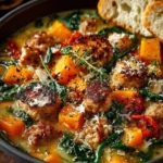 Bowl of fall-inspired roasted butternut soup with chicken sausage and spinach.