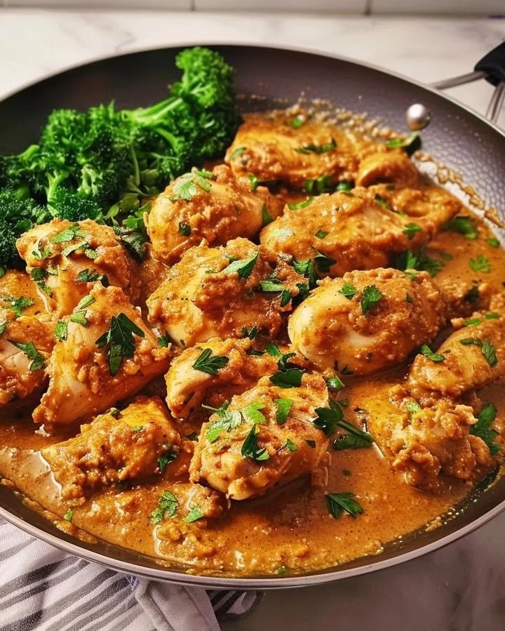 Delicious and creamy butter chicken served with naan and garnished with cilantro