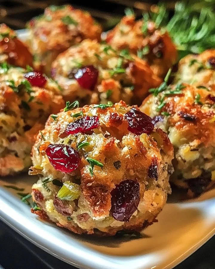 Delicious Festive Cranberry Turkey Stuffing Balls on a festive table