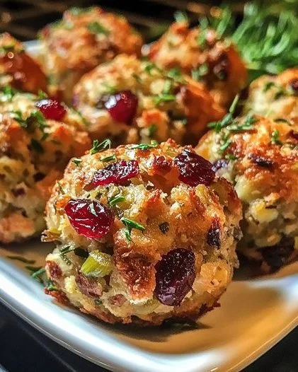 Festive Cranberry Turkey Stuffing Balls served on a platter