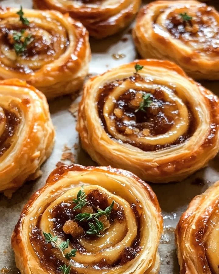 Fig Goat Cheese Pinwheels with puff pastry and thyme on a platter