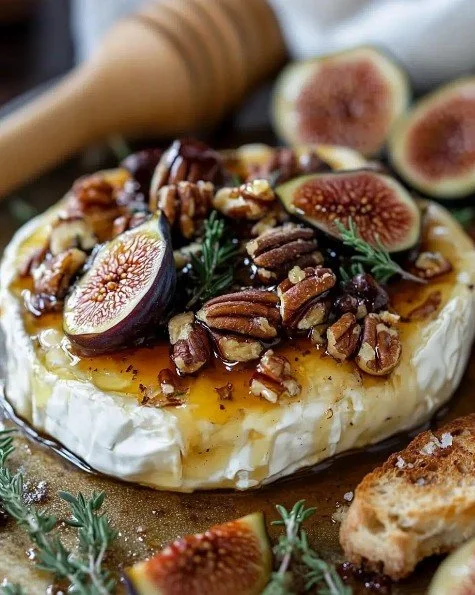 Fig and Pecan Baked Brie topped with nuts and figs