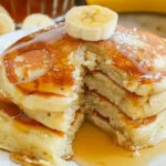 Fluffy Banana Dream Pancakes stacked with fresh banana slices and syrup