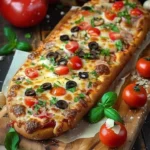Delicious French bread pizza topped with cheese and vegetables