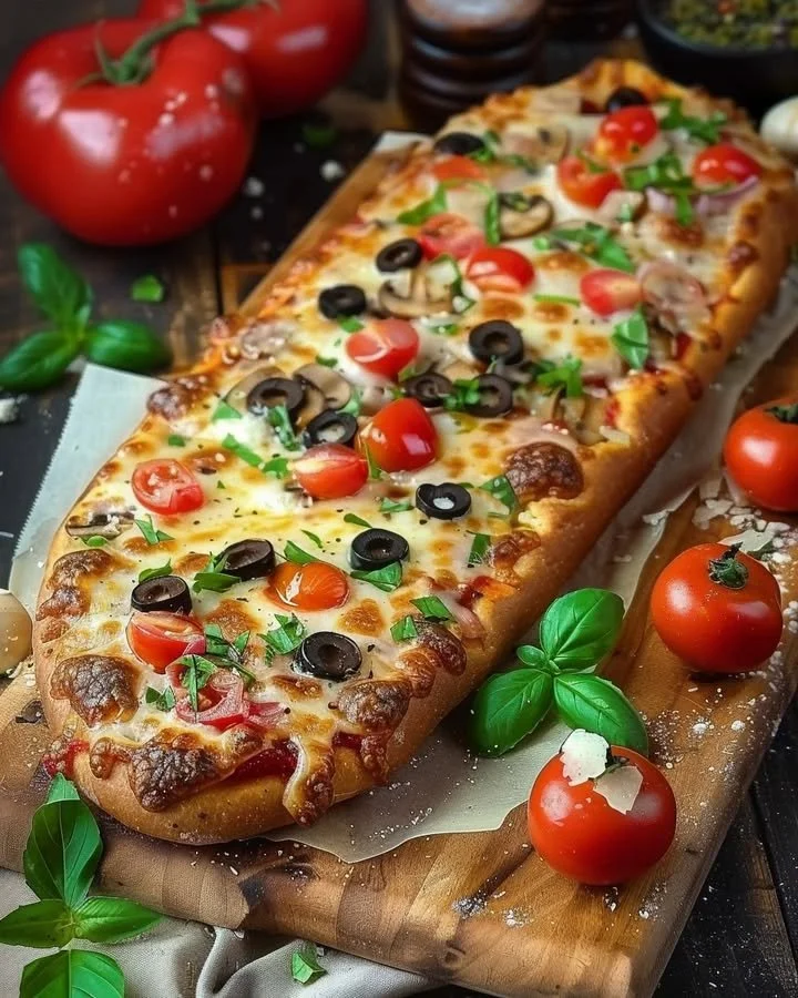 Delicious French bread pizza topped with cheese and vegetables