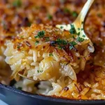 Bowl of creamy French Onion Butter Rice garnished with herbs.