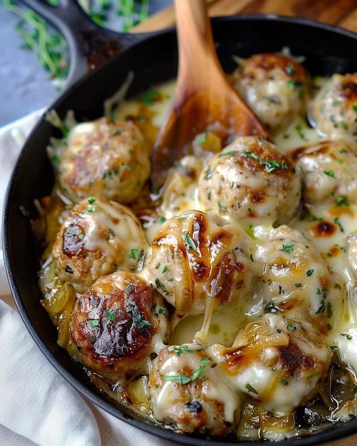 Delicious French onion chicken meatballs served in a savory sauce